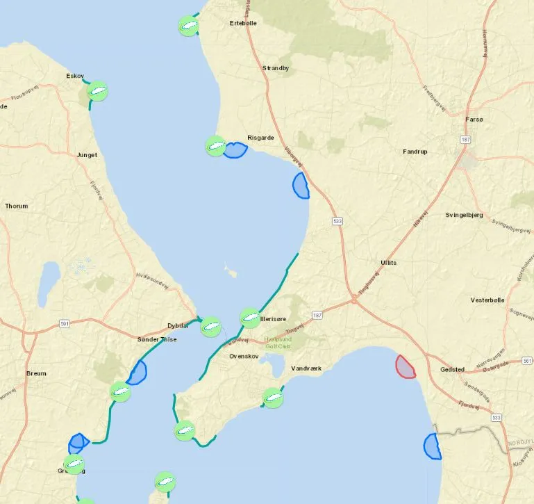 Kaart met visplekken in de Limfjord