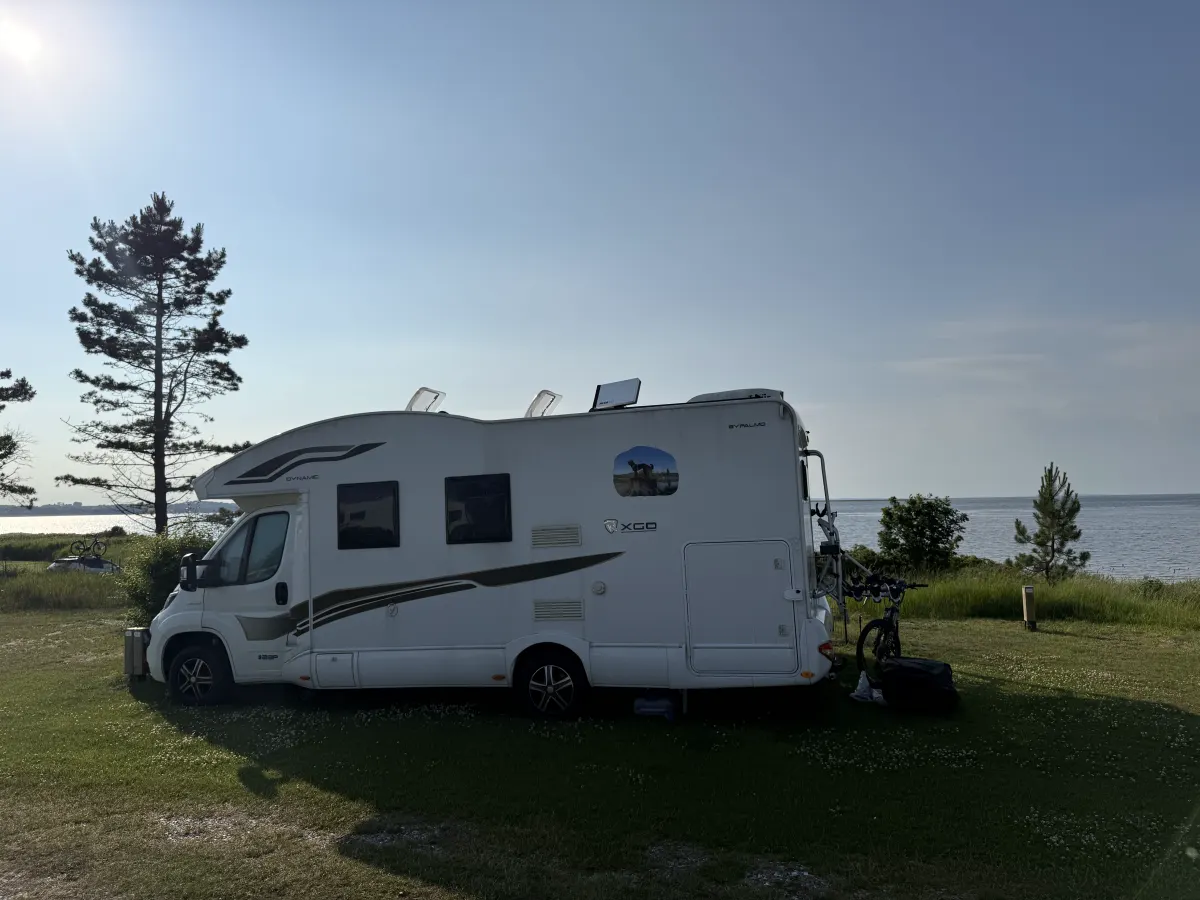 Motorhome on a panorama pitch with the fjord and pine trees behind