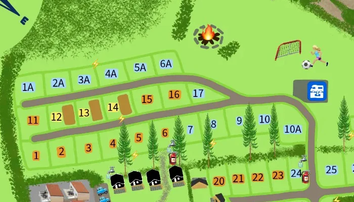Section of the site map showing pitches 12, 13 and 14 with a wooden deck