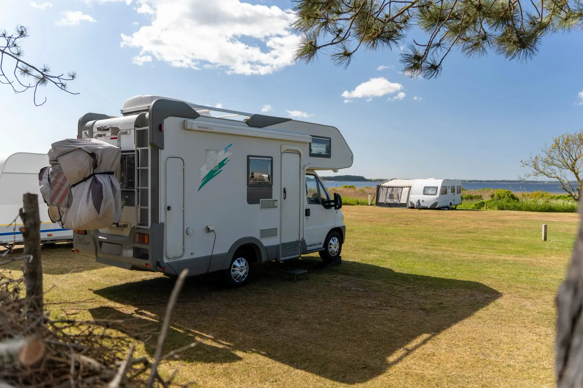 Camper op een uitzichtplaats onder de dennen met de Limfjord erachter